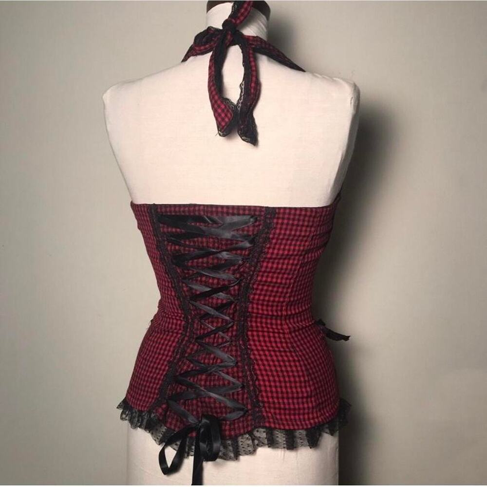 Tripp NYC Plaid Corset Halter Lace Up Bustier Punk Gothic Y2K Grunge Coquette